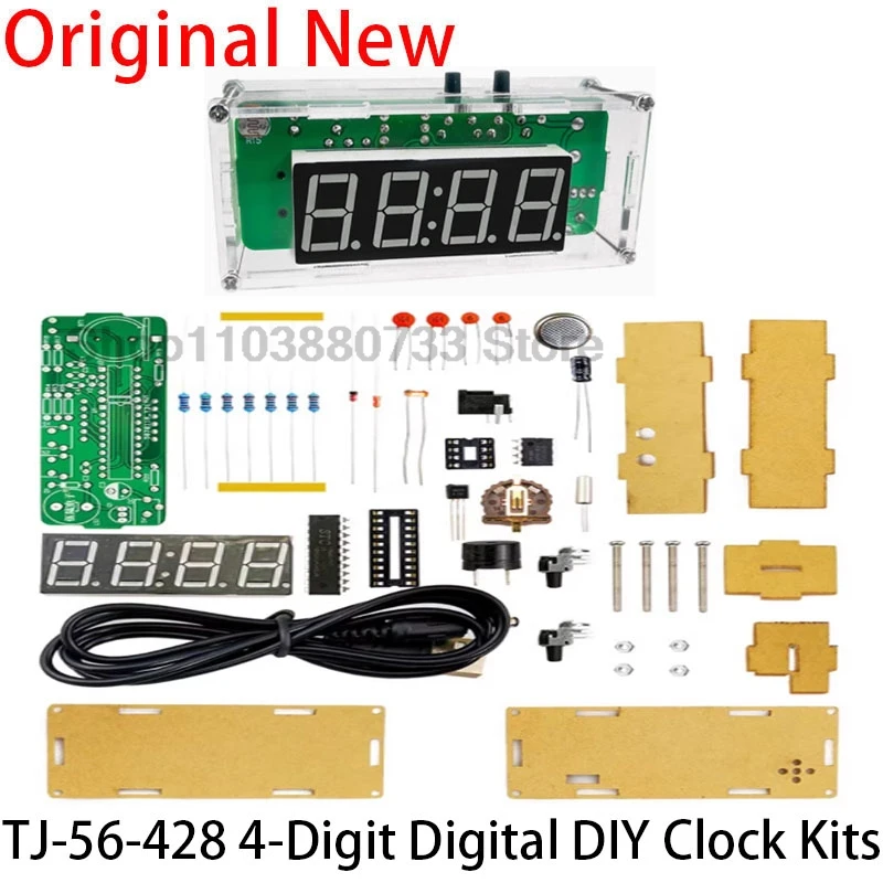 TJ-56-428 4-Digit Digital DIY Clock Kits with Acrylic Shell, DIY Alarm Clock Soldering Practice Kit for Learning Electronics