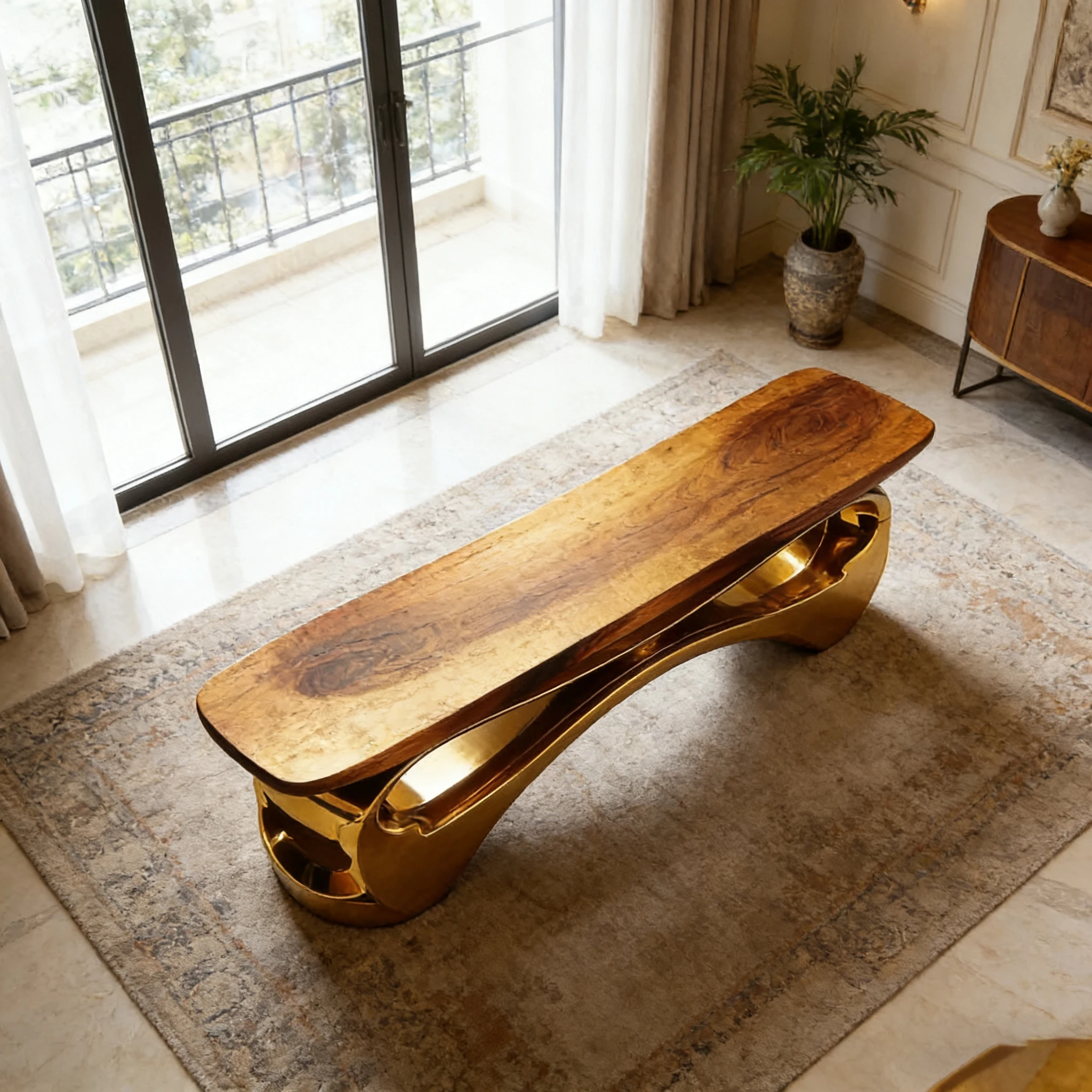 S*-Luxury Live Edge Dining Table with Sculptural Gold Base Handcrafted Organic Modern Table for Hotel