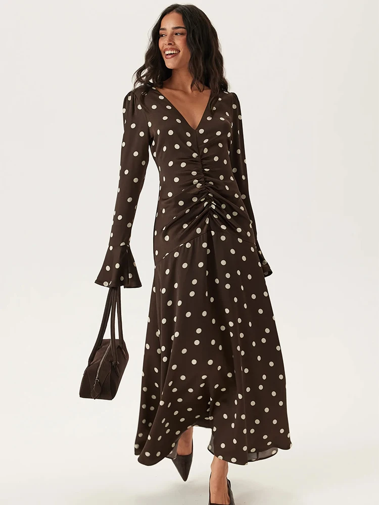 Trendix Brown Dot Print Maxi Dresses Femme Vintage Slim Pleated Long Sleeve Dress Autumn New Party Sexy V Neck Long Dress 2025