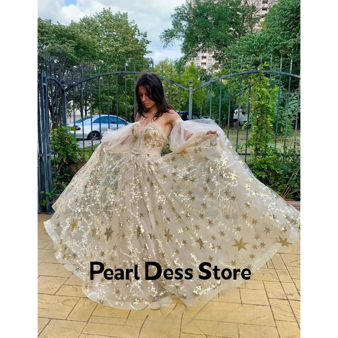 

Star Lace Applique Prom Dress A-line sheer evening dress elegant fluffy sleeves and floor length skirt verano moda 2024