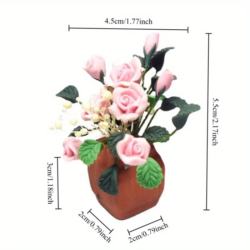 1/12 Mini Clay Rose Potted Plant Miniature Simulation Flower Accessories Model for House Decoration Micro Landscape