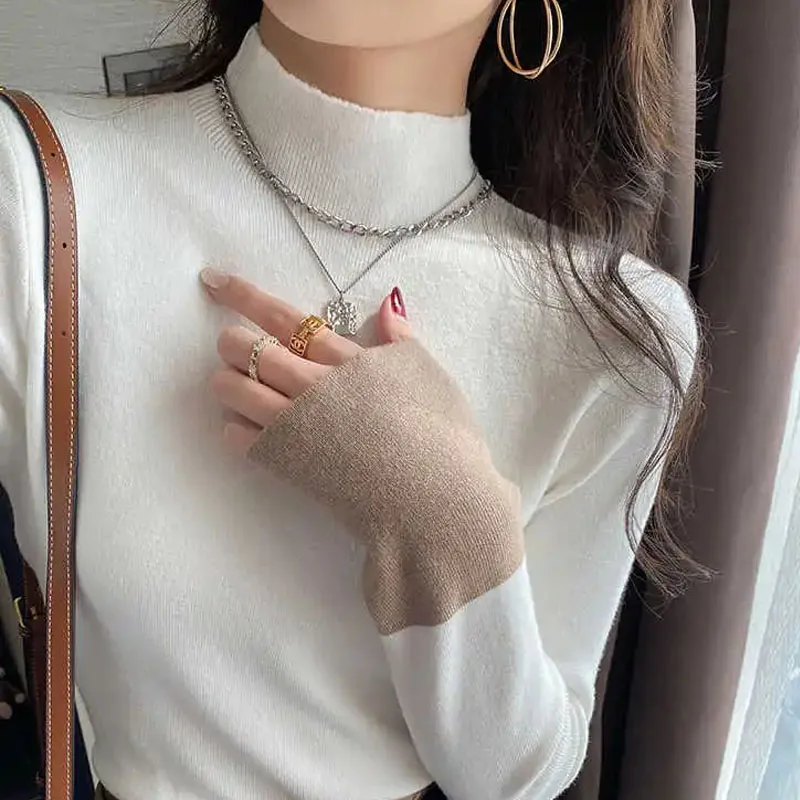 

Вязаный свитер женский, пуловер, модный свитер с воротником-стойкой, вязаный свитер с вставками, женские топы, трикотаж с длинным рукавом, свитеры Q2339