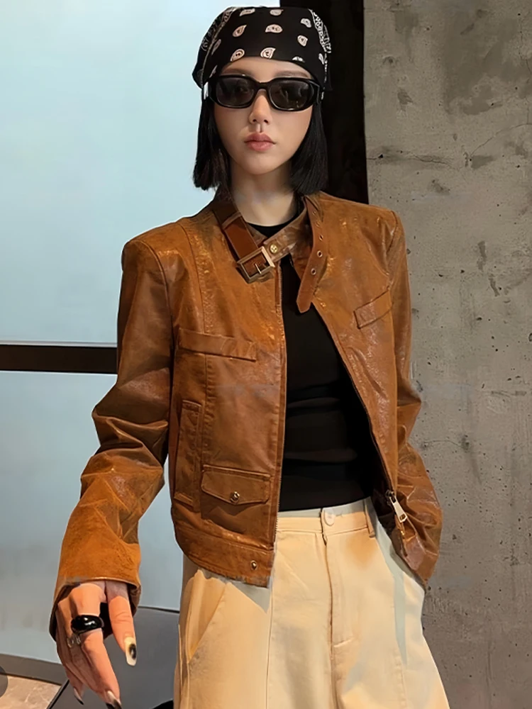 Jaet Retro único para mujer, abrigo de cuero adelgazante de aspecto joven, informal, holgado, con cierre de cremallera, otoño 2025