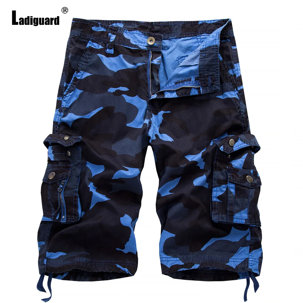 Ladiguard-Calção masculino de camuflagem vintage, bolso com zíper, calça meia de verão, moda exterior, plus size, 2024