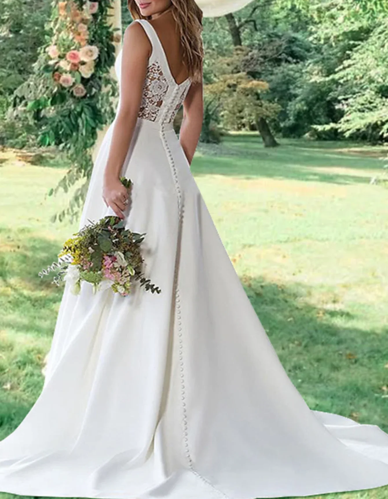 

Wedding Dresses A-Line V Neck Sleeveless Sweep / Brush Train Satin Bridal Gowns With Appliques 2025