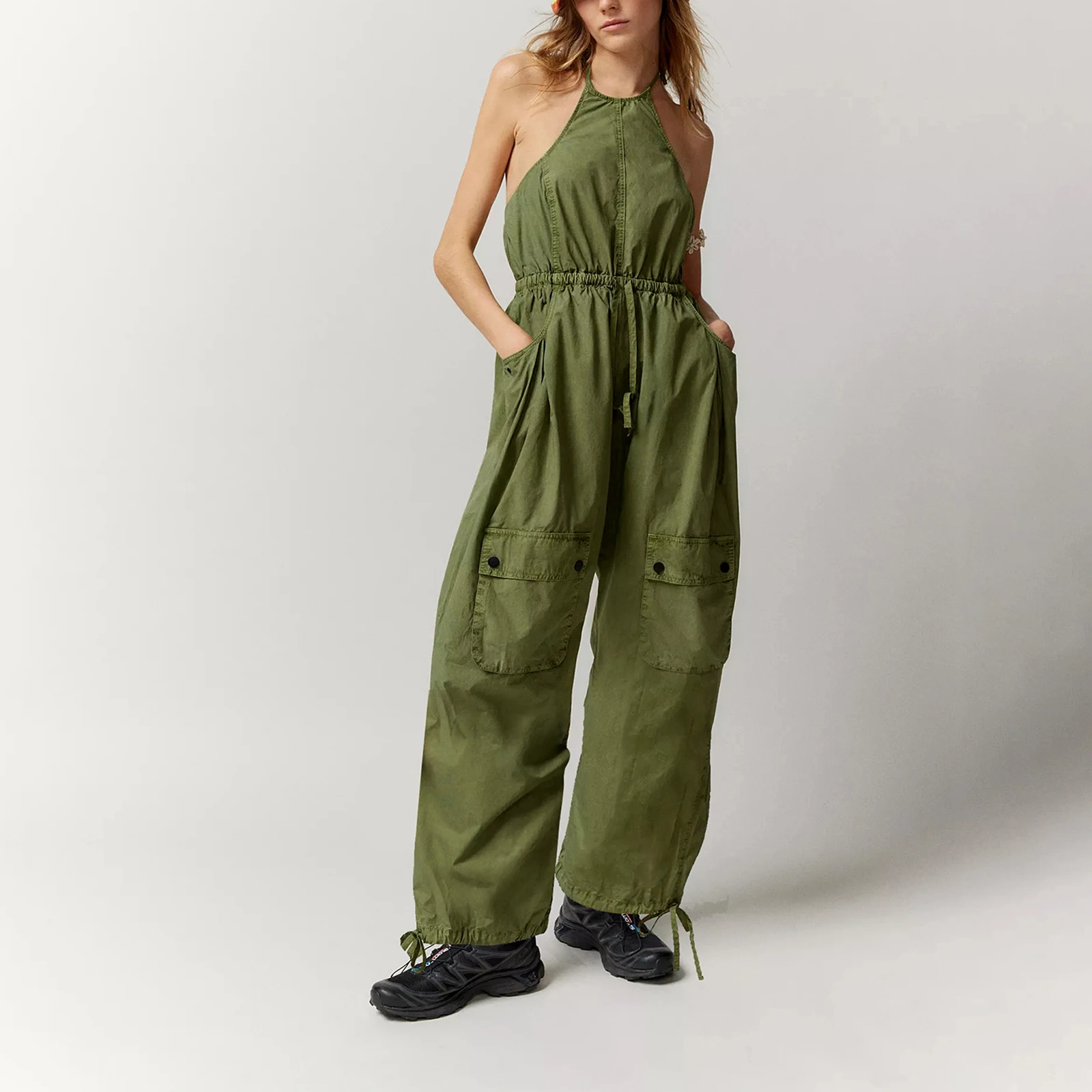 

Fashion Women's Summer Halter Jumpsuits Sleeveless Backless Strapless Bib Overalls Loose Cargo Pant with Pockets Streetwear