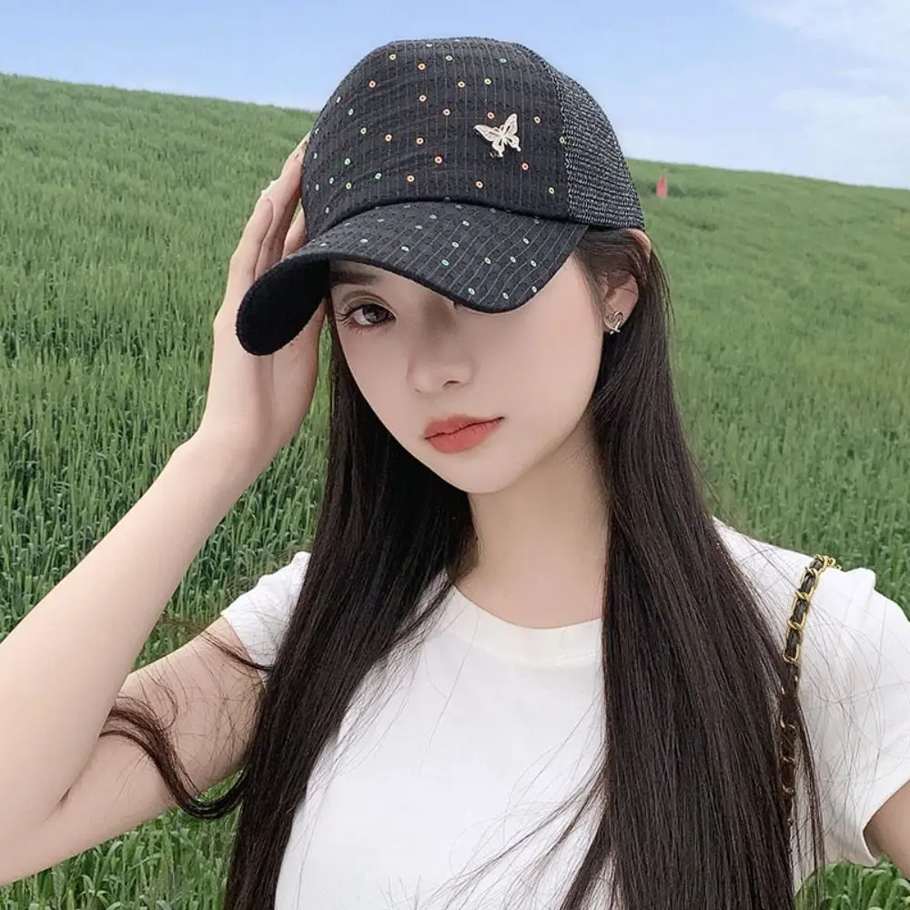 Casual Sequin Mesh Baseball Hat Adjustable Anti-UV Sport Peaked Hat Sun Protection Visor Summer Sun Hat Unisex