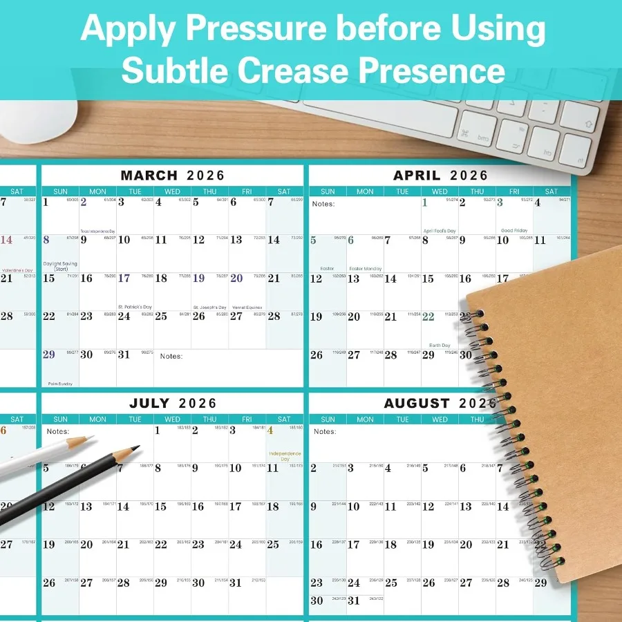 Calendario de pared 2026 de 24 "x 36", calendario de pared plegado de borrado en seco y húmedo, planificador anual anual de 12 meses, calendario laminado anual 2026