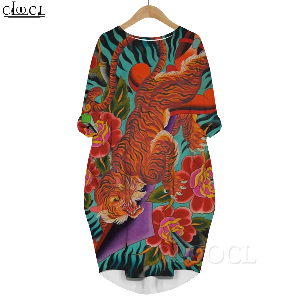 

CLOOCL New Fashion Printed Dress Zodiac Tiger Painting Pattern Long Sleeves Pocket Dress Loose Casual Evening Dress Dropshipping