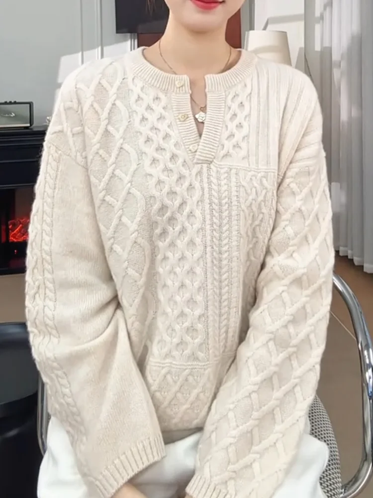 

Корейский вязаный свитер с открытым воротником и узором «косы», высокое качество, осенняя новинка, большие размеры, универсальный теплый топ с длинными рукавами
