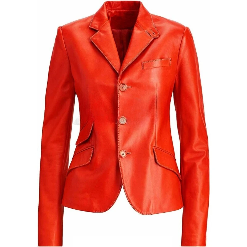 

Women 100% Lambskin Real Leather Blazer Slim Fit Orange Coat Three Button Jacket