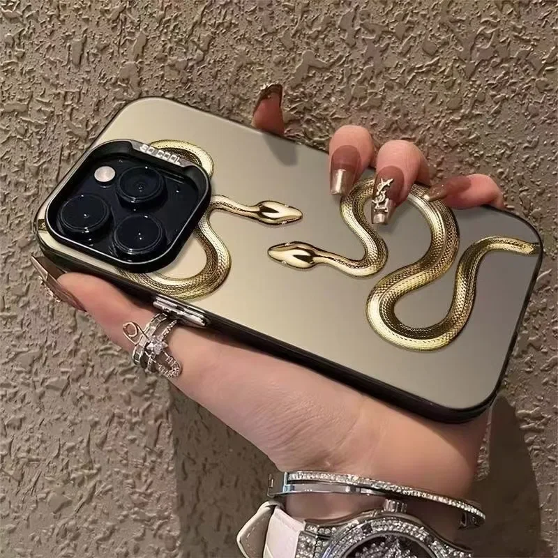 Gold Snake Print Case for IPhone 16 15 14 13 12 11 Pro Max XS X XR 8 7 Plus SE Silver Plated Cover