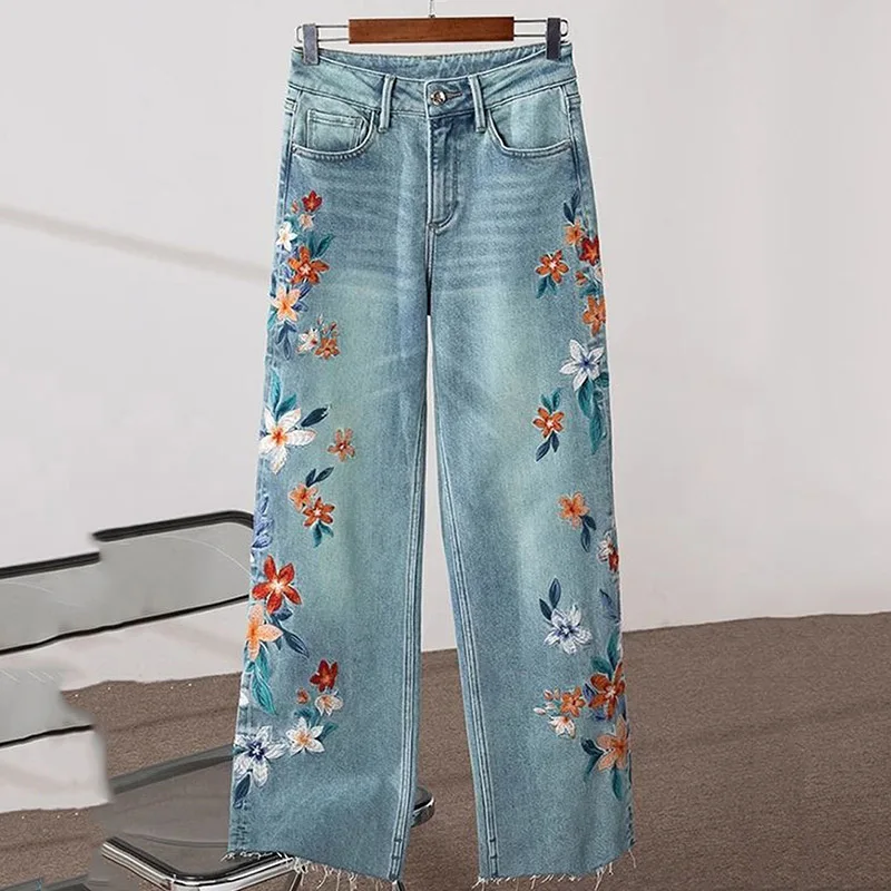 

2024Spring New Embroidered Jeans Women New Chinese All-match Straight Denim Pants Female Slim South Korea Vintage Wide-leg Pants