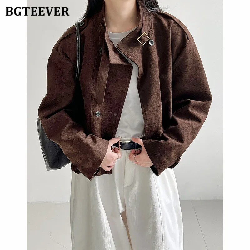 

BGTEEVER стильная укороченная мотоциклетная куртка с воротником-стойкой для женщин, осенне-зимнее замшевое короткое пальто с длинными рукавами, женское