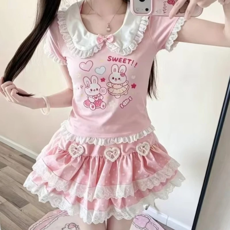 Japanese Sweet Lolita Style Skirt Set Women Kawaii Bow Cartoon Bunny Print T-shirt Polka Dot Print Cake Mini Skirt Y2k Slim Suit