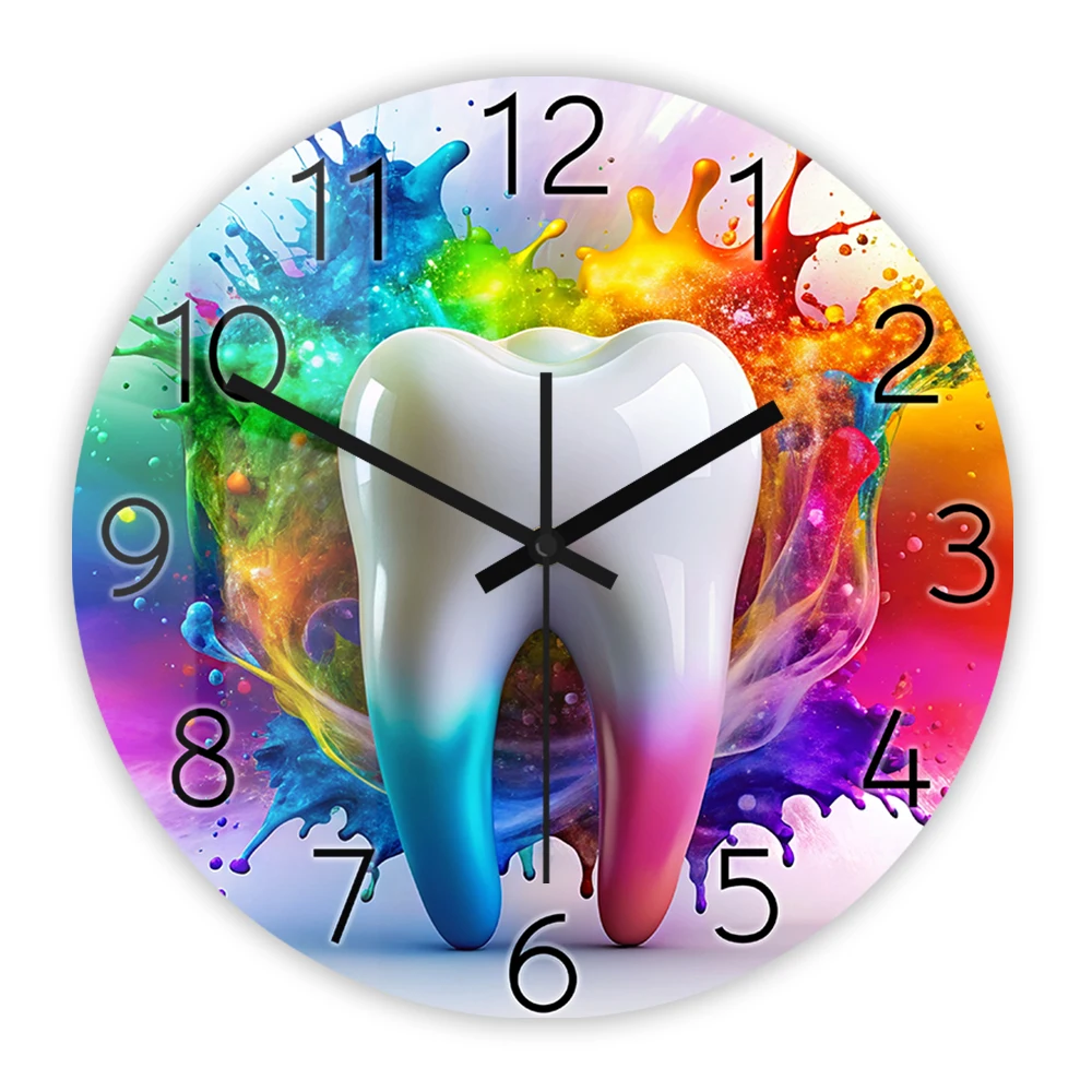 Colorful Watercolor Tooth Wall Clock Dental Care Symbols Dental Clinic Wall Clock Dentistry Tooth Healthy White Teeth Wall Watch