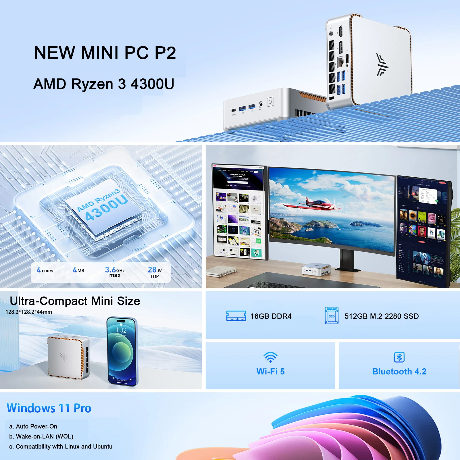 KAMRU Mini-PC AMD Ryzen 3 4300U 16 GB DDR4 512 GB M.2 SSD Windows 11 PRO 4K WiFi5 Business VESA Mini-Desktop-Computer