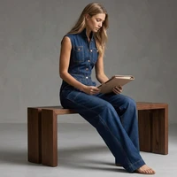 Yeezzi Women's Sleeveless Denim Jumpsuits 2026 New Fashion Contrast Stitching High Waist Wide Leg Buttons Pockets Cargo Jumpsuit - Image 5