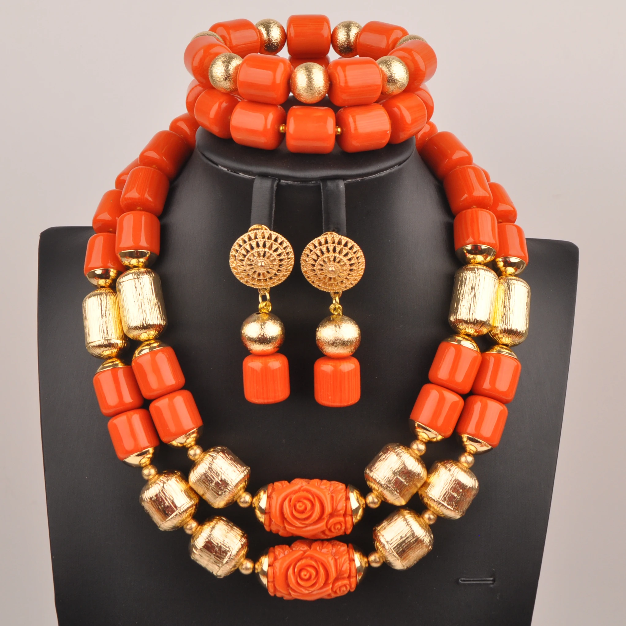 

Orange Artificial Coral Beaded Necklaces, African Bridal Jewelry Sets