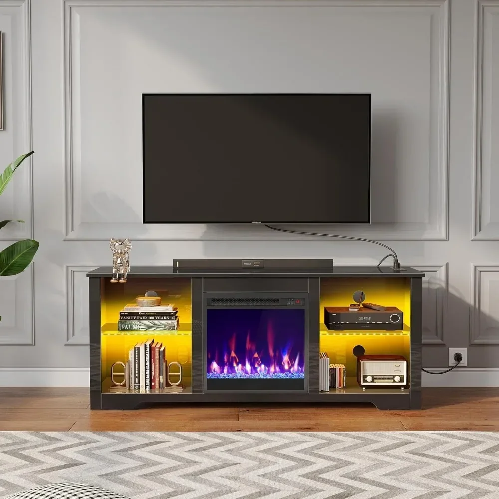 

Modern TV Console With Glass Shelves Tv Stand Living Room Furniture Entertainment Center With Electric Fireplace Glossy Black