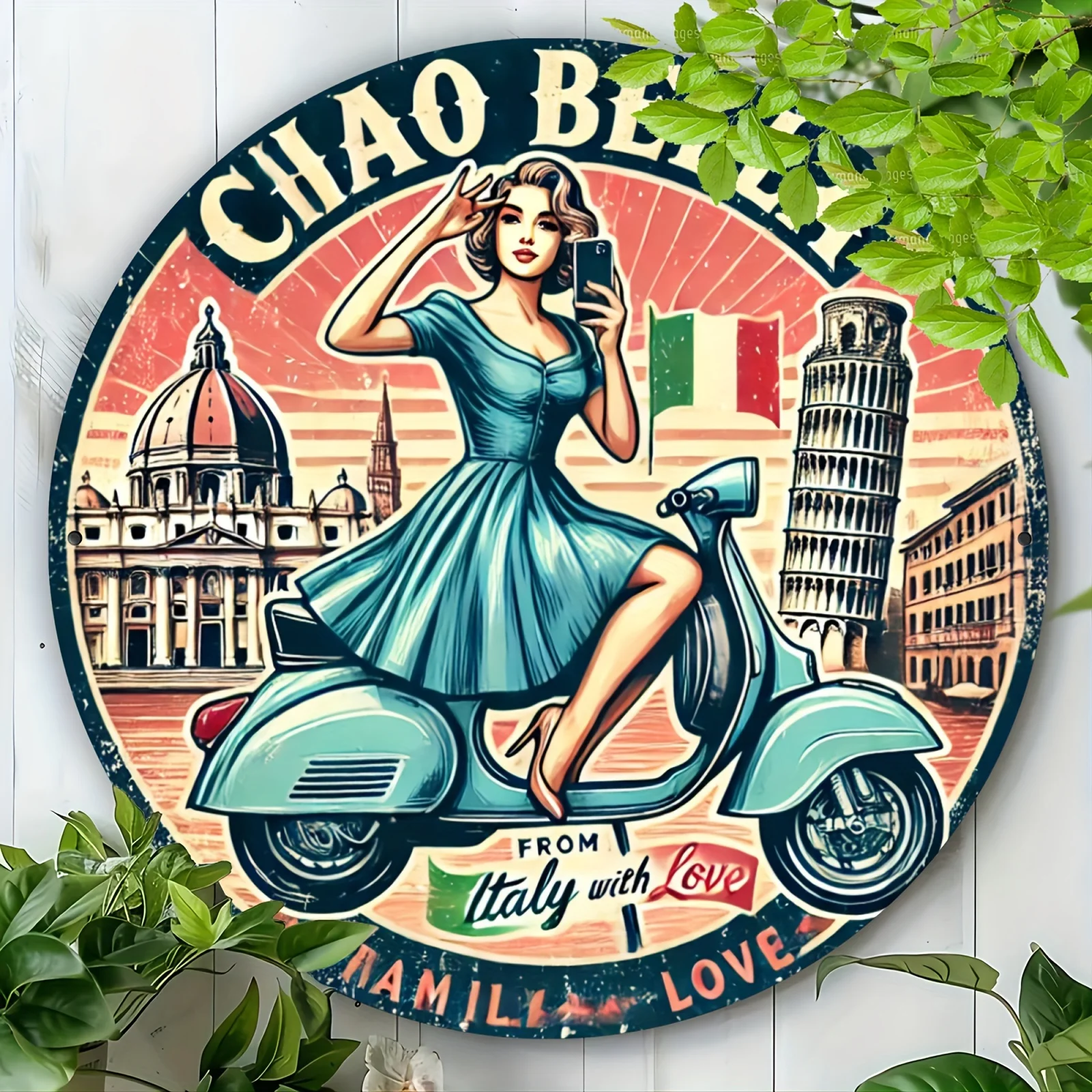 Charming Italian Love 20,3 x 20,3 cm runde Aluminium-Wandkunst – perfekt für Heim- und Bürodekoration, langlebiges Metallschild, ideal für Wohnzimmer,