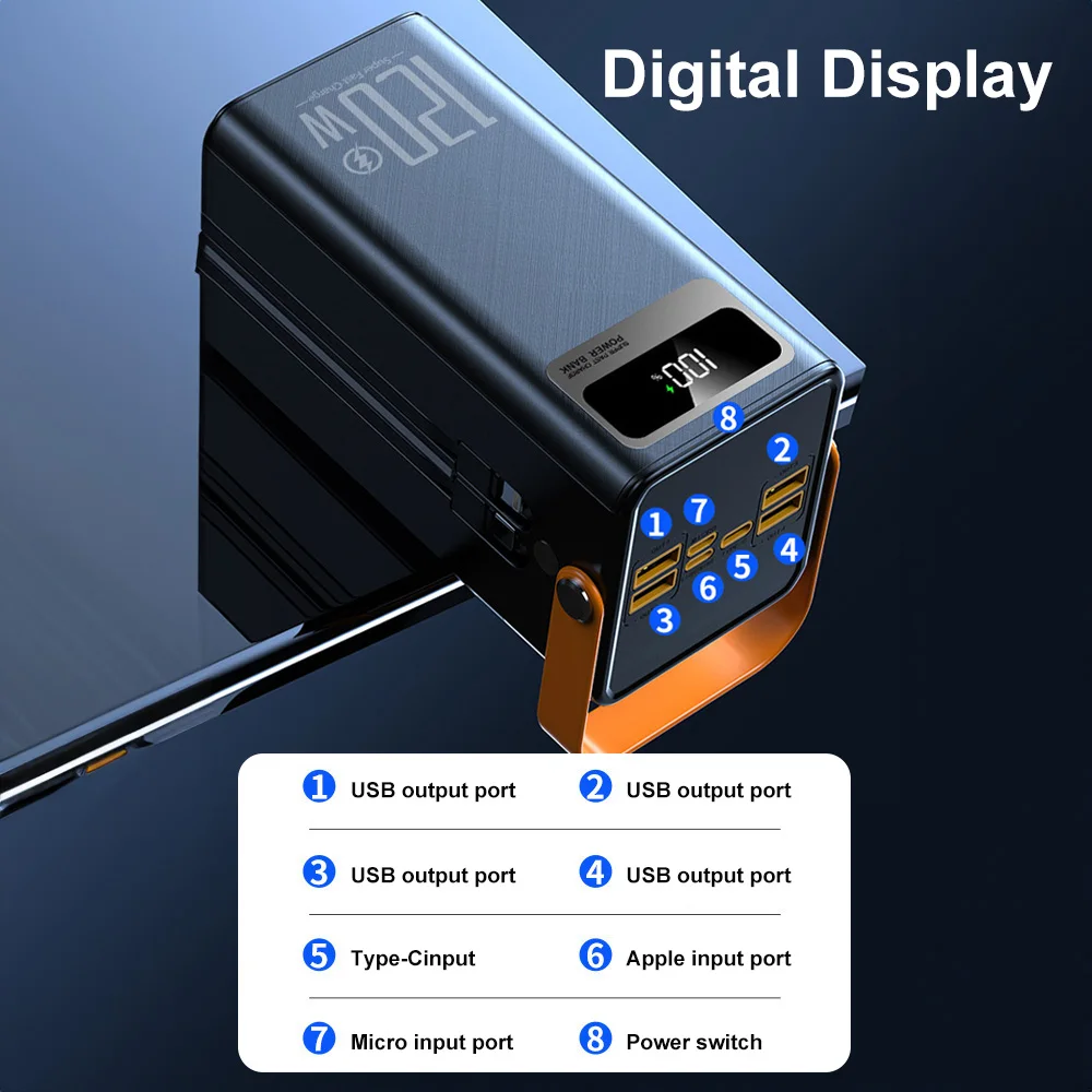 بنك طاقة محمول بقدرة 50000 مللي أمبير في الساعة للتخييم الخارجي بقدرة 120 وات شحن سريع للغاية مع كابلات مدمجة وإضاءة LED