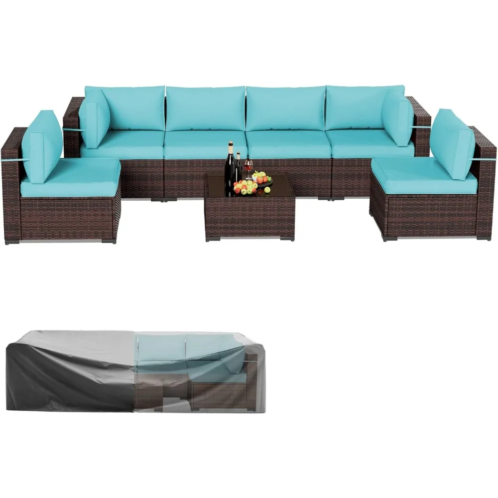 Terrassen möbel Set 7 stücke Terrasse Gespräch Set Outdoor Combo Korb weide Rattan Sofa mit Kissen für Veranda Garten Hinterhof Balkon