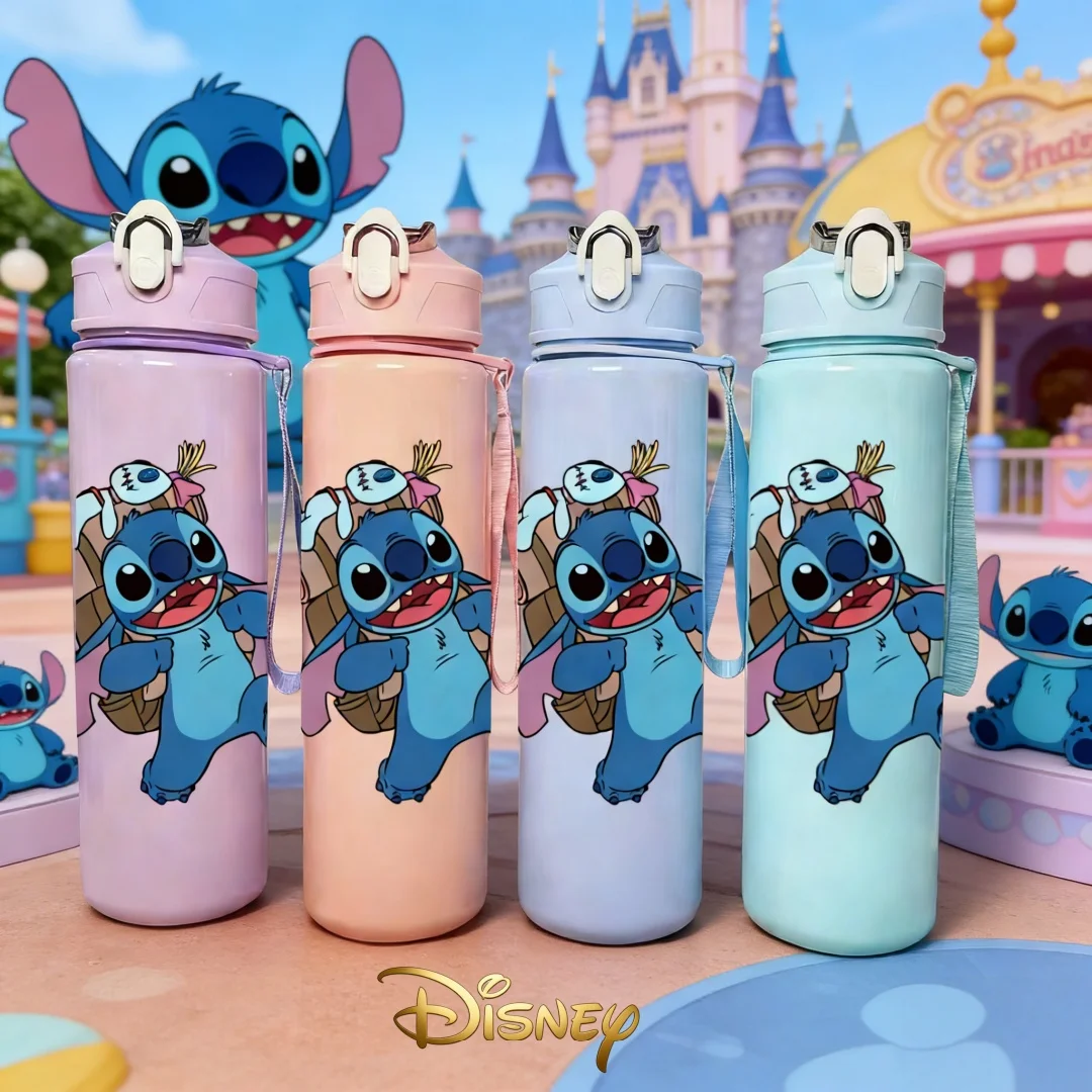 

Бутылка для воды с 3D-принтом Disney Stitch Adventure, с мультяшным рисунком, новая крышка с механизмом открывания, многоразовая, легкая, дорожная бутылка для бега