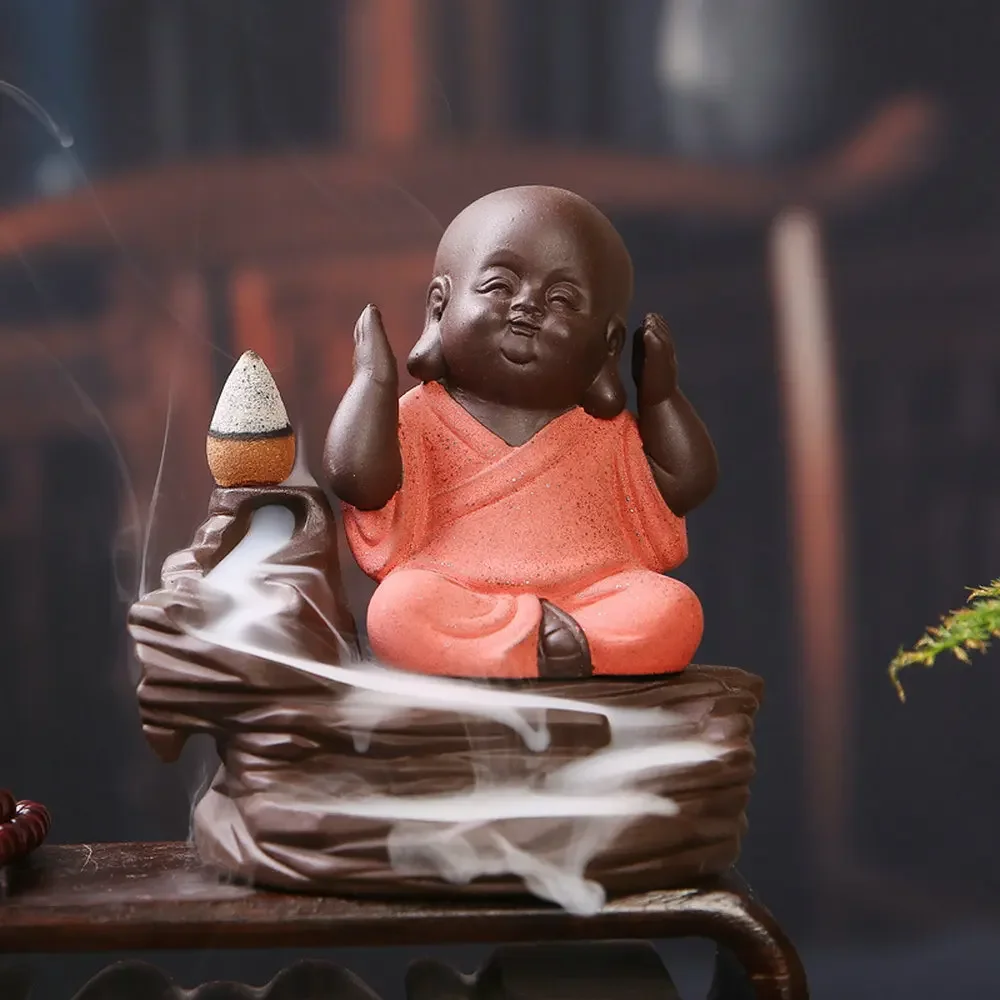 Home Decor Creative Little Monk Smoke Backflow Incense Burner Holder + 10 Cones