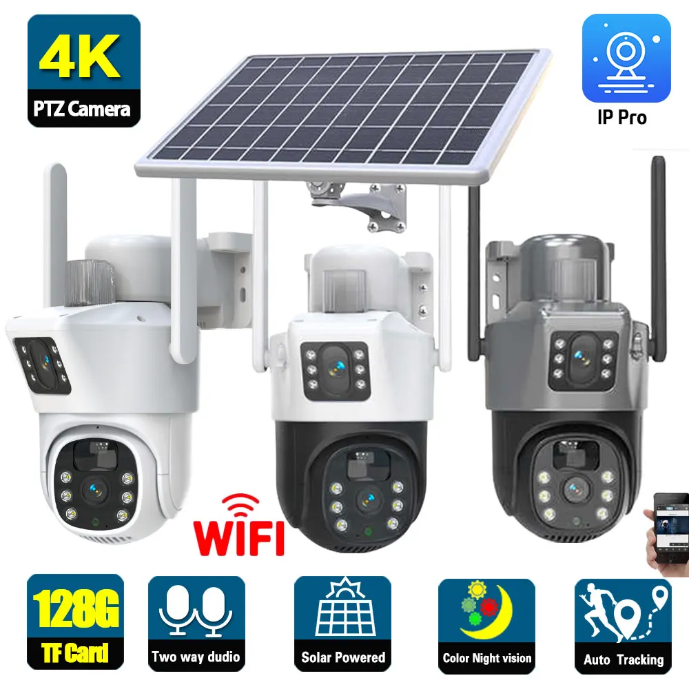 

4K Wifi Solar IP Security Camera Dual Lens Dual Screen Outdoor Waterproof Auto Tracking PTZ Wireless CCTV Surveillance Cam 8MP