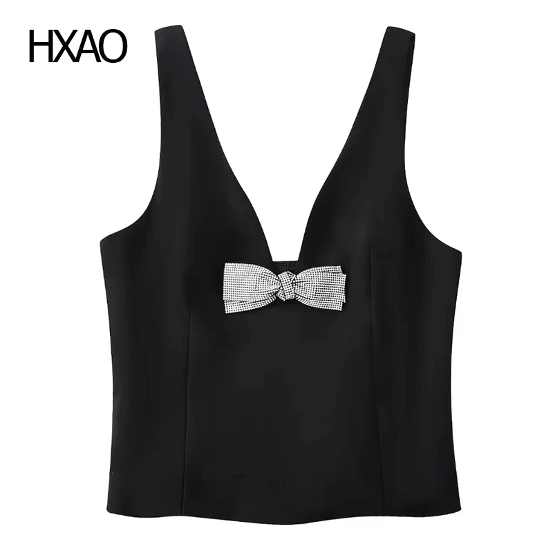

HXAO Black Tank Top Summer Women's Top Cropped Sleeveless Crop Top Bow Cute Tops Elegant Woman Top Female Backless Tops 2024