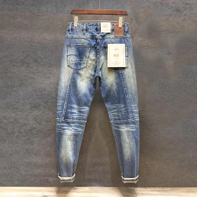 Street Designer Fashion Men Jeans High Quality Retro Blue Stretch Slim Fit Spliced Biker Jeans Men Patched Hip Hop Denim Pants