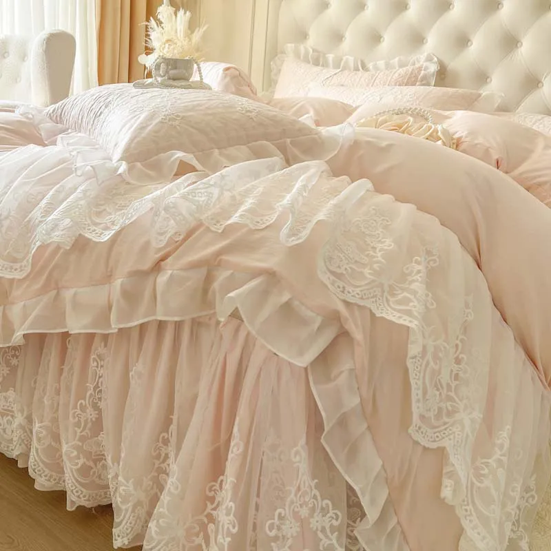 4/6Pcs Pink Princess Wedding Lace Embroidery Korean Style Bedding Set King Queen Size Duvet Cover Bed Skirt Bedspread Pillowcase