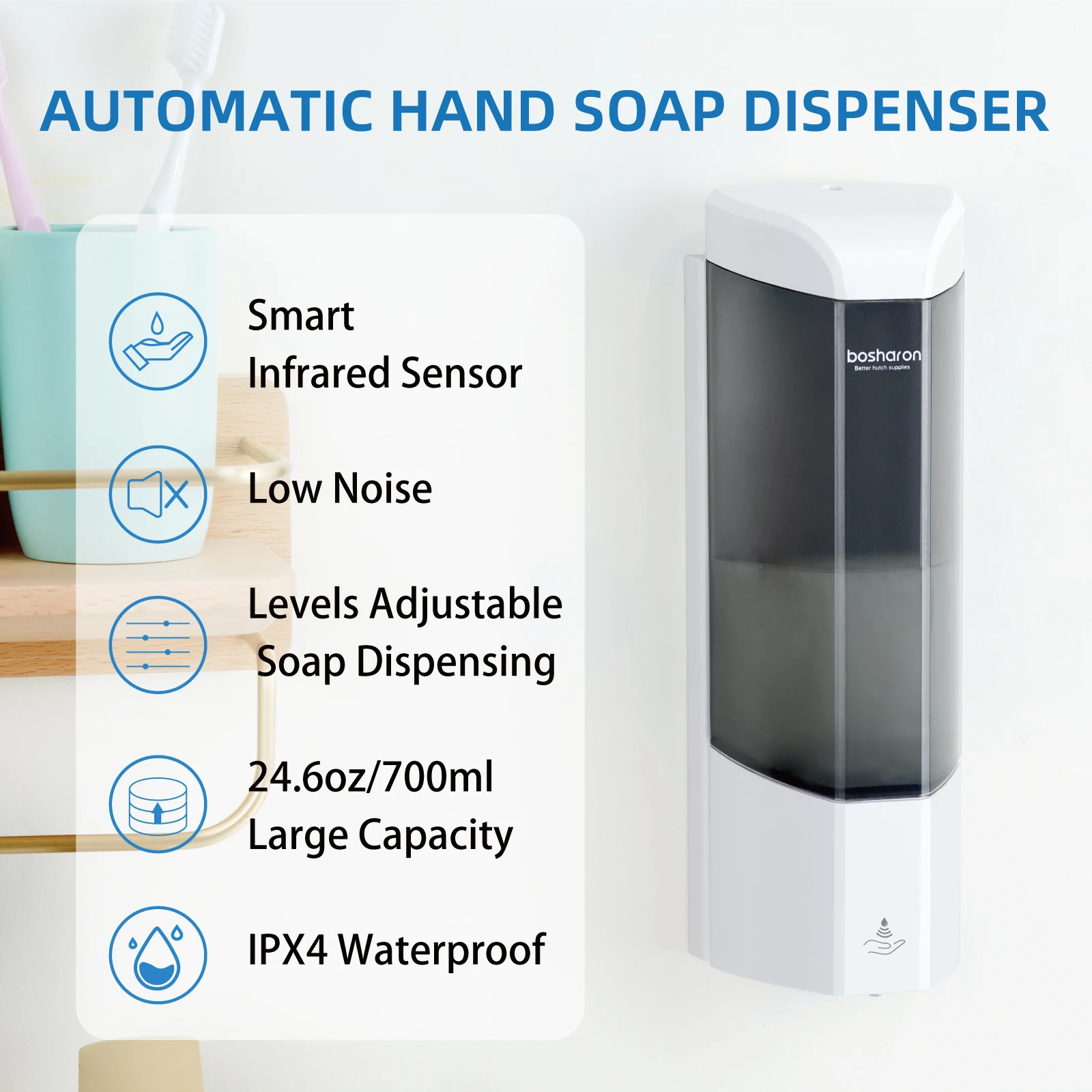 Automatic Wall-mounted Liquid Soap Dispenser, Touchless, Battery Operated, Hand, 700ml