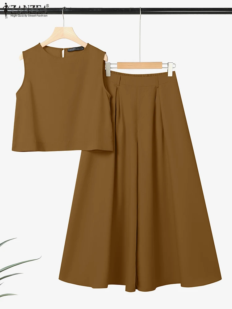 ZANZEA ฤดูร้อนกางเกงขากว้าง 2 ชิ้นชุดหลวม Crop Tops ผู้หญิงแฟชั่น 2 ชิ้นชุดสบายๆกางเกงชุด