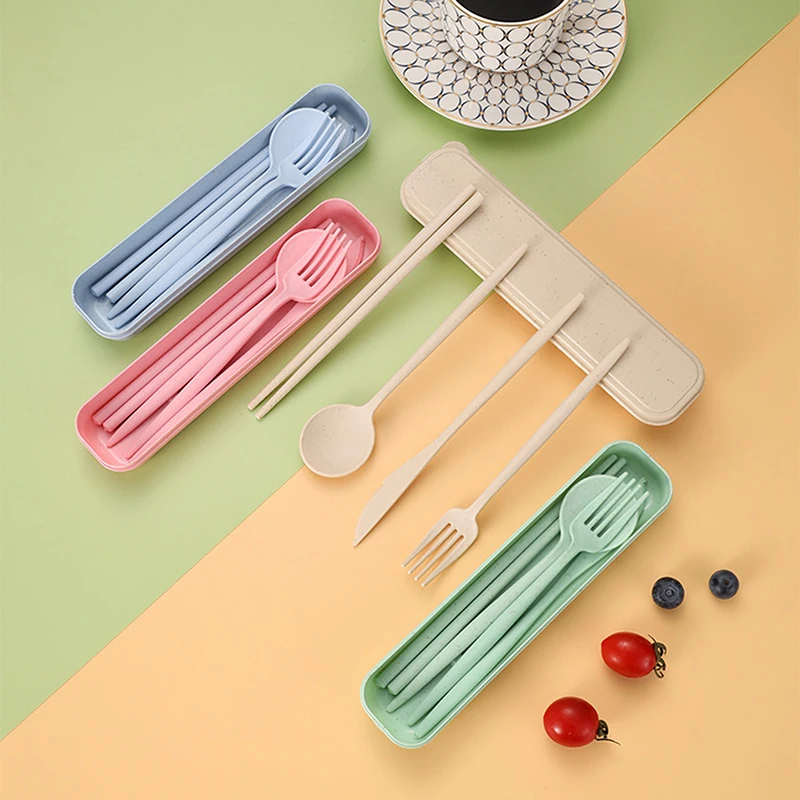 4Pcs/Set Portable Utensils With Box Healthy Eco-Friendly Wheat Straw Cutlery Reusable Chopstick Fork Knife Spoon Tableware Set