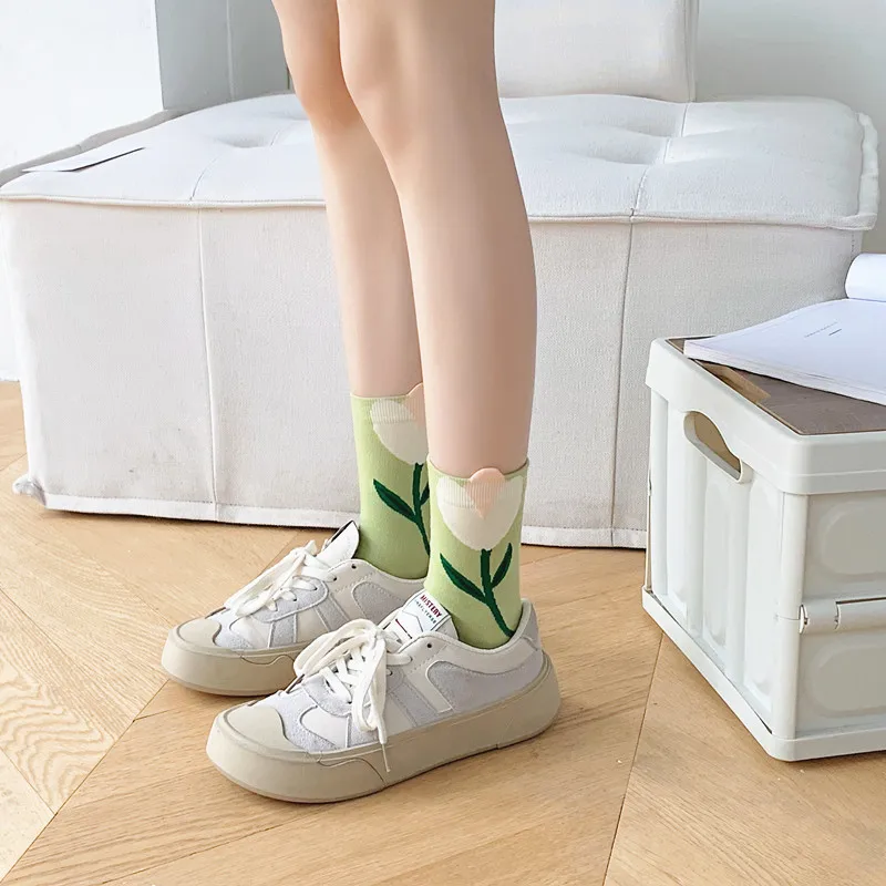 1 Pair Women Socks Japanese Korean Style Cartoon Flower Candy Color Harajuku Kawaii Mid Tube Socks Breathable Casual Short Socks image 3