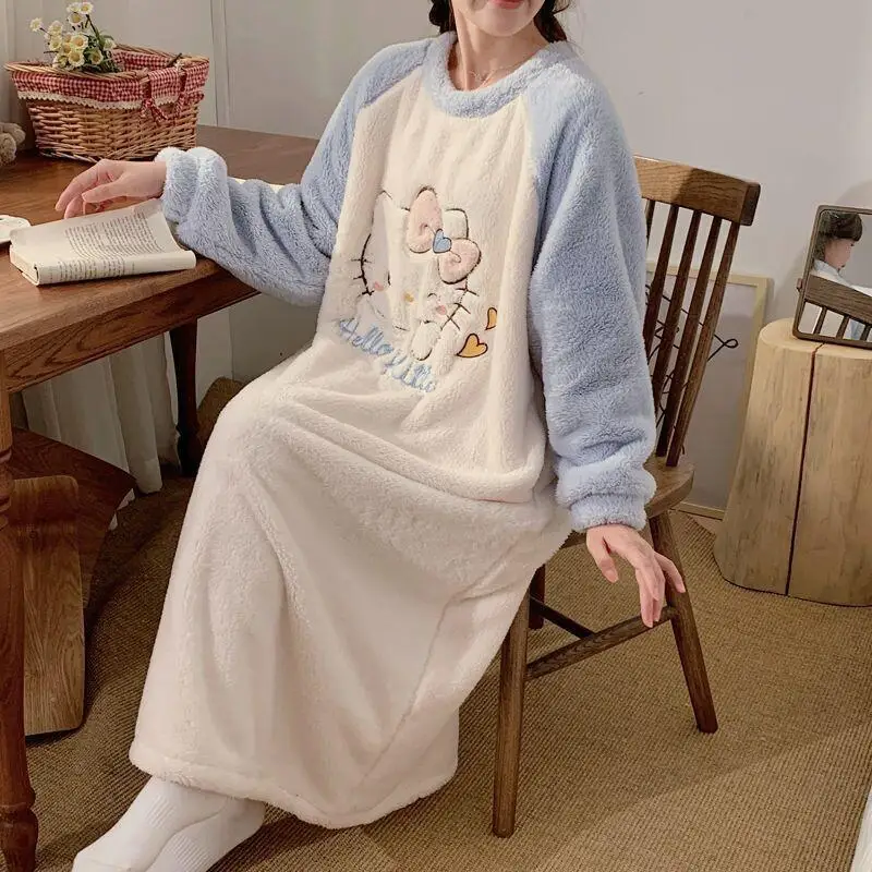 

Kt Cat Sleep Dress Women Winter Flannel Thick Warm Cute Plus Size Loose Sleepwear Big Size Girl Home Wear Cozy Sanrio Nightgown