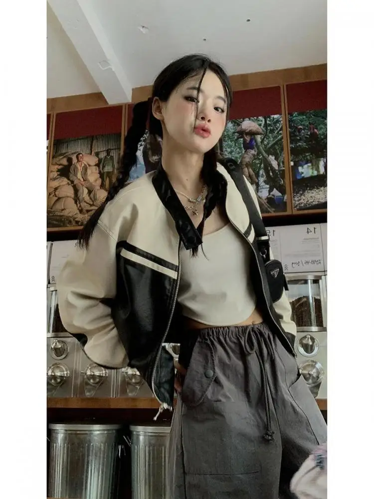 Tonngirls Leather Jacket Women Casual PU Y2k Vintage Jackets Female Patchwork Streetwear American Retro Locomotive Coat Leather