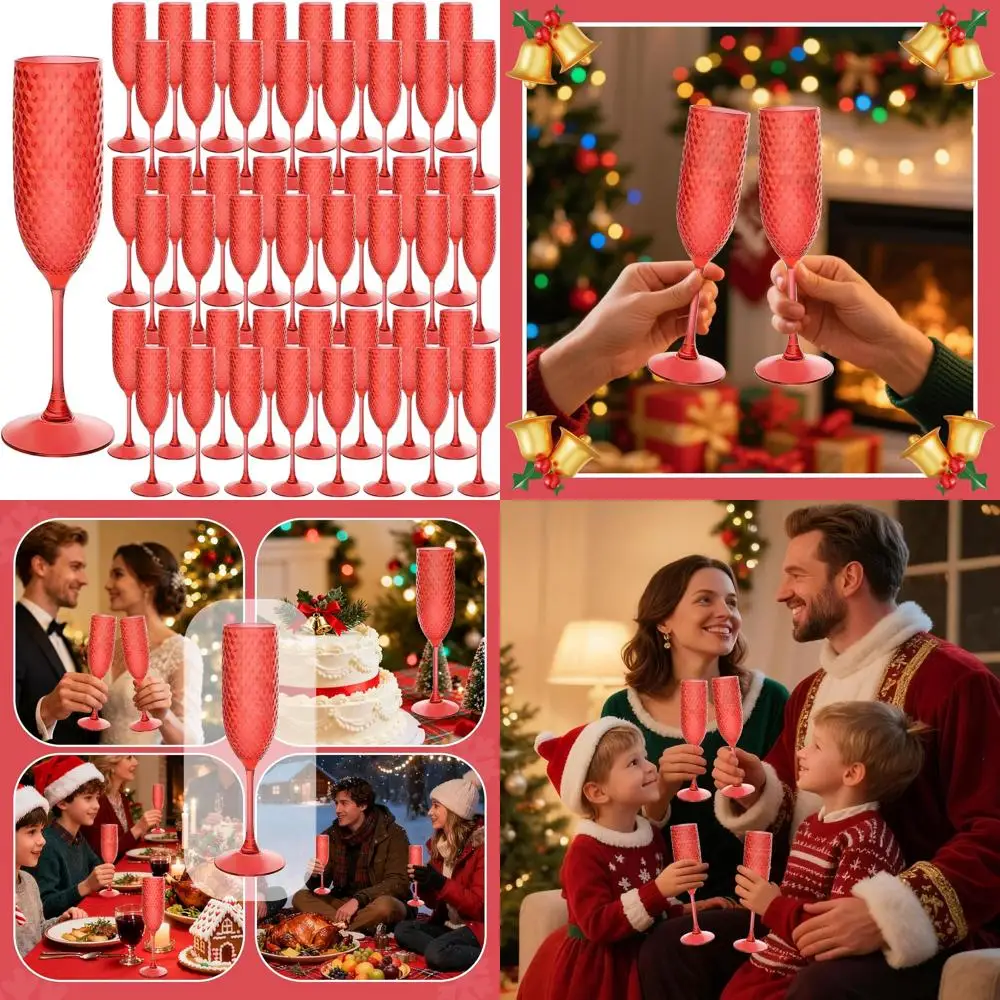 

Красные пластиковые флейты для шампанского, 7 унций, упаковка из 48 штук, небьющиеся многоразовые бокалы для вина для свадеб, Рождества, вечеринок