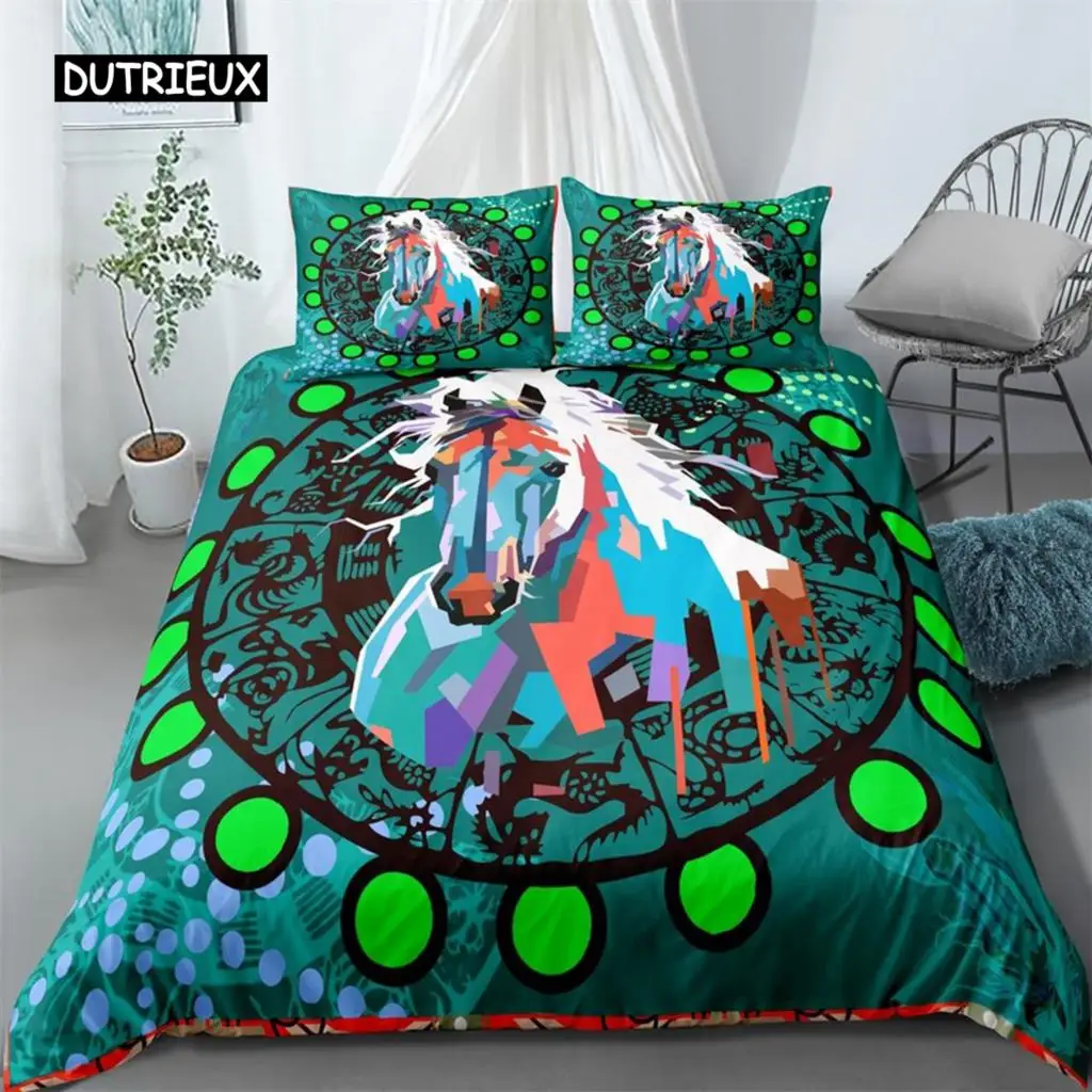 

Horse Duvet Cover Set King Size Horse Cowboy Animal Bedding Set for Kid Boys Girls Microfiber Abstract Dream Catcher Quilt Cover