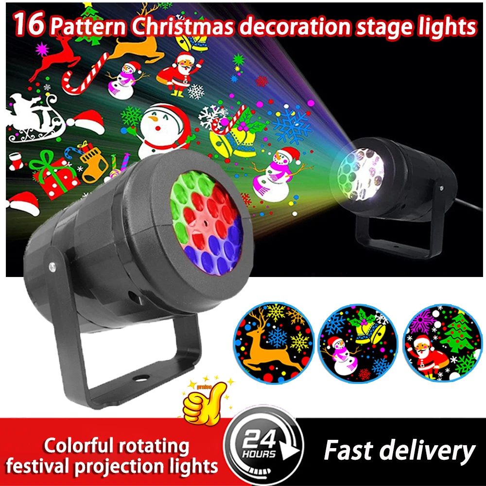 

New Led Snow Projection Lights 16 Pattern Christmas Decorations Festive Atmosphere Stage DJ Light Color Rotating Laser Projector