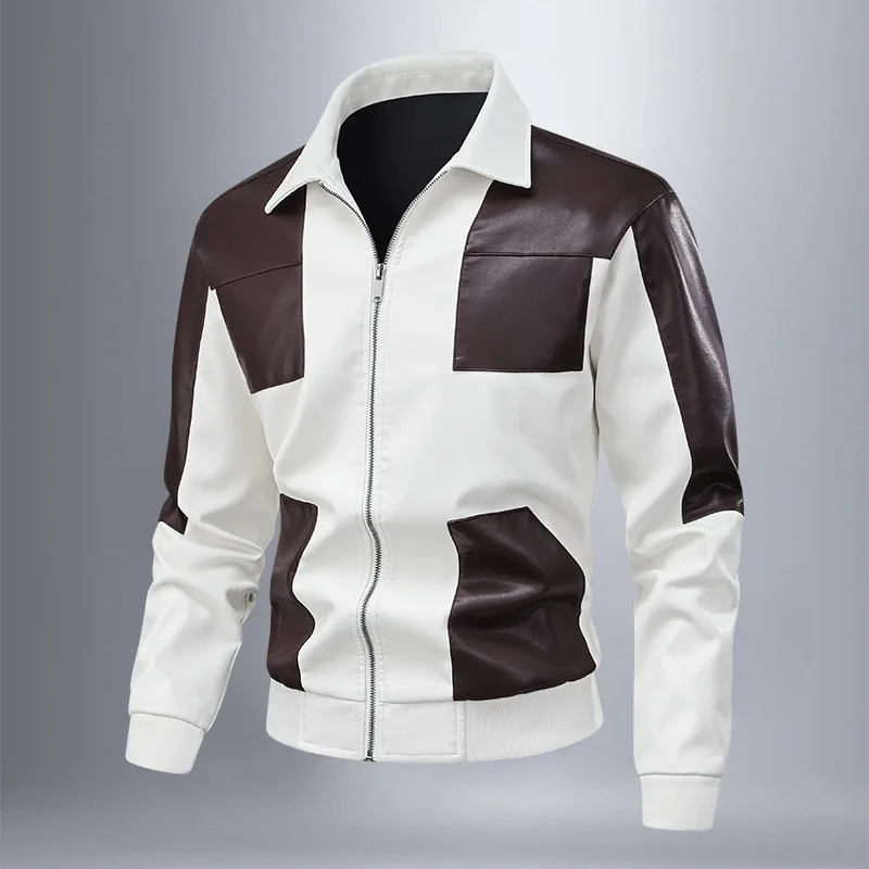 

Unisex PU Leather Jacket Biker Motorcycle Coat Color Block PU Splicing Waterproof Windproof Zipper Jacket Side Pocket Streetwear
