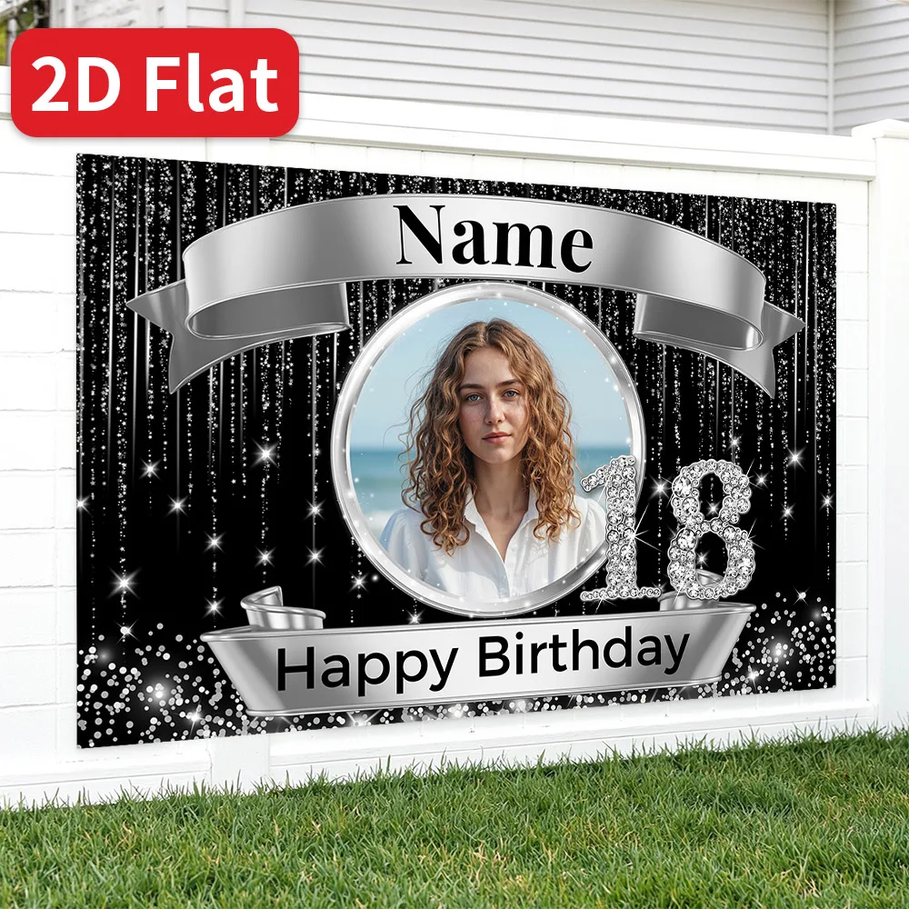 Custom Photo Name Silver Glitter Birthday Backdrop Black Tinsel Diamond Portrait Background Adult Photo Booth Decor