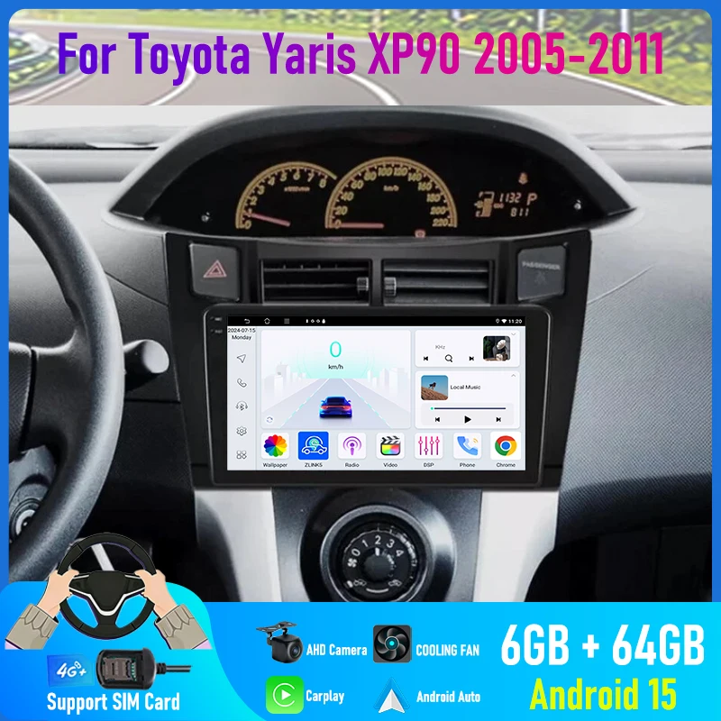 9'' For Toyota Yaris XP90 2005-2011 Car Radio 4G SIM Reversing Image Stereo Bluetooth Google Map Carplay Android 15 Auto GPS FM