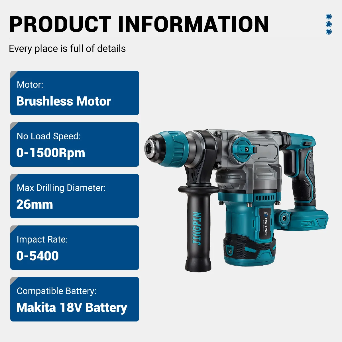 Drillpro Brushless Electric Hammer 26mm Cordless Electric Rotary Hammer Handheld Impact Drill Power Tool For Makita 18V Battery