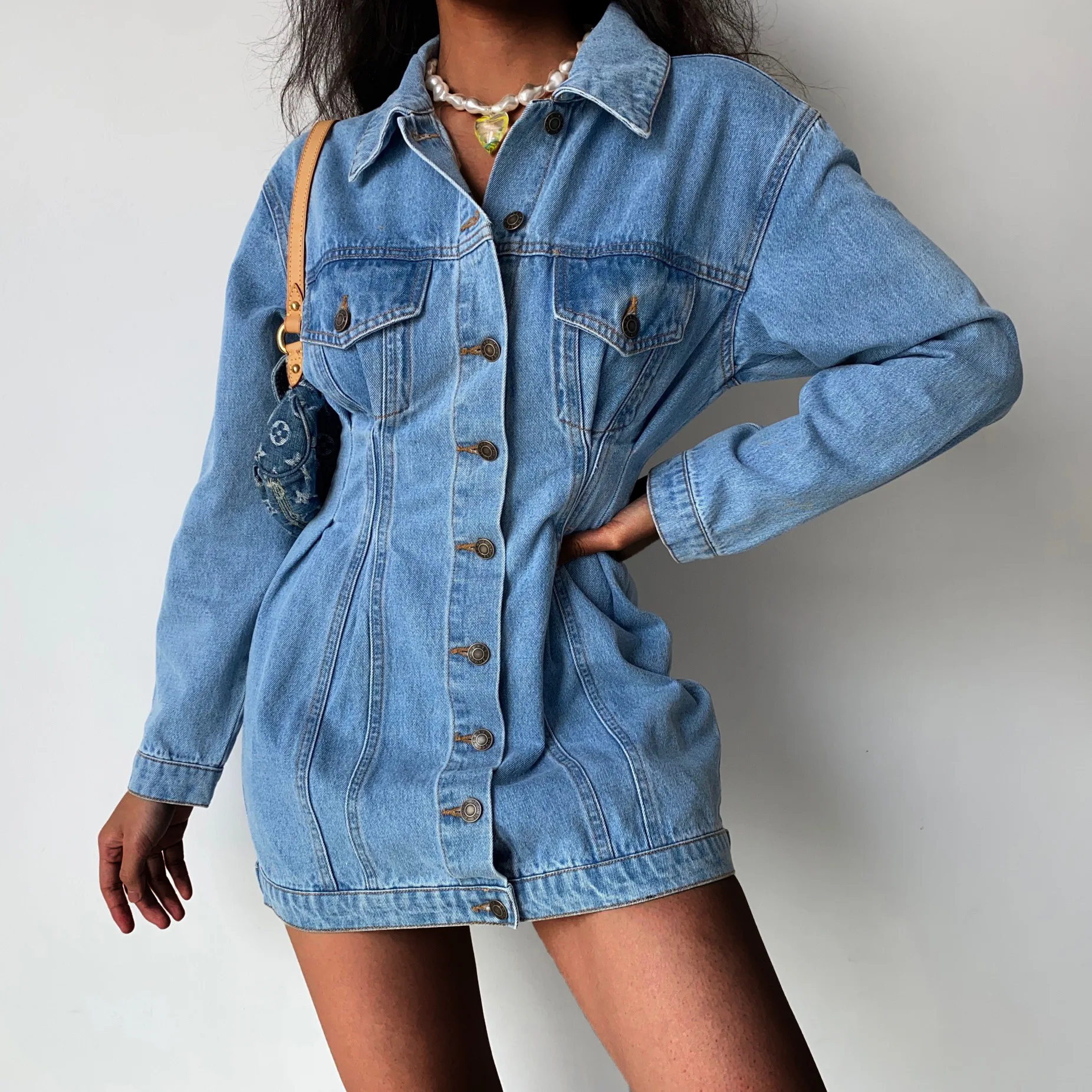 Autumn and Winter New Slim Fit Pleated Long Sleeved Denim Jumpsuit Mid Length Jacket Vintage Sexy Mini Bodycon Dress