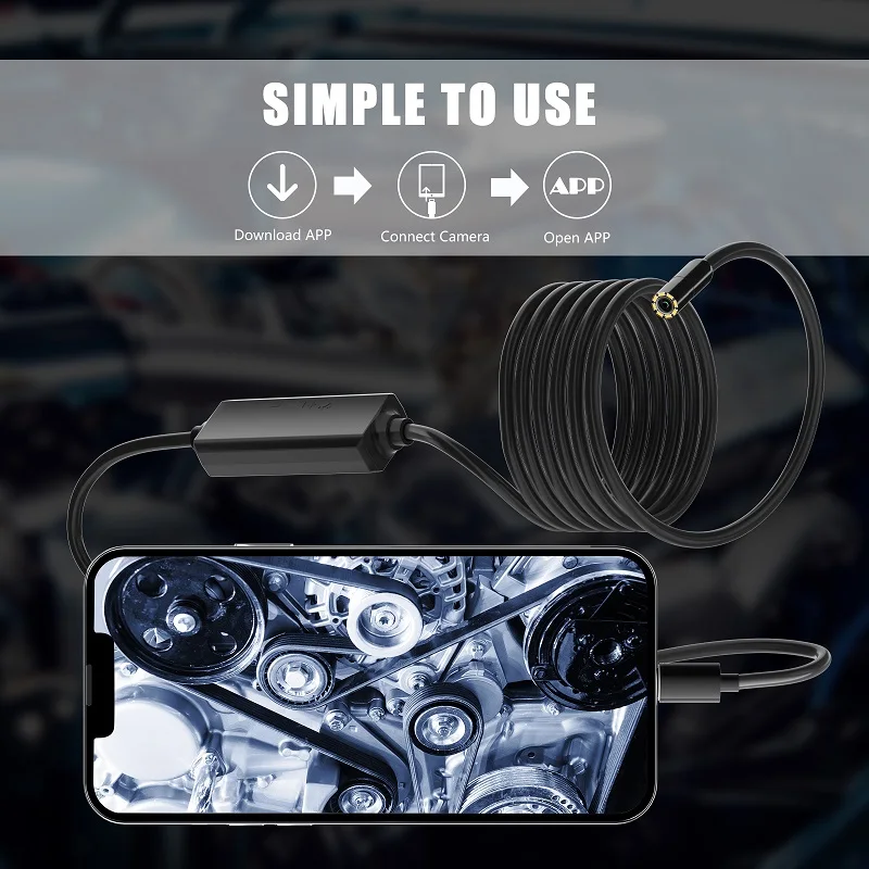 5.5mm Endoscope Camera For iPhone Connect with IOS Car Inspection Sewer Borescope Camera HD720P IP68 Soft/Hard Wire 1/3/5m