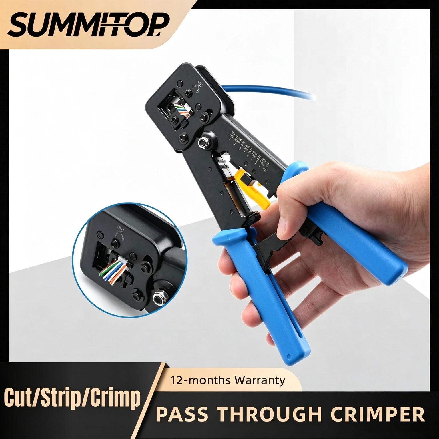 SUMMITOP RJ45 Crimp Tool Pass Through Cat5 Cat5e Cat6 Crimper for RJ45 RJ12 RJ11 8P 6P End Pass Through Connector