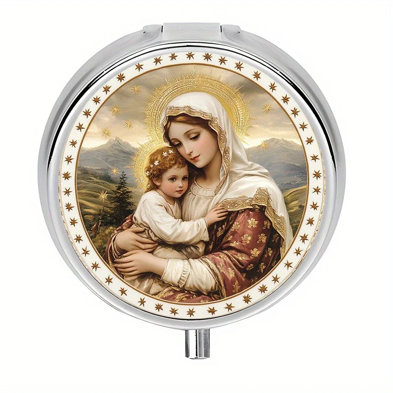 1 Pill Box with 3 Compartments, Religious Theme of Mary and Her Son, Mini Pill Box, Medication Pill Organizer, Decorative Vitamin Organizer, Suitable for Purse or Wallet